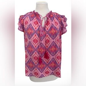 Size M Rose + Olive Pink Patterned Tassel Tie Blouse